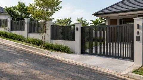Pagar logam dan gerbang pada sisi jalan rumah