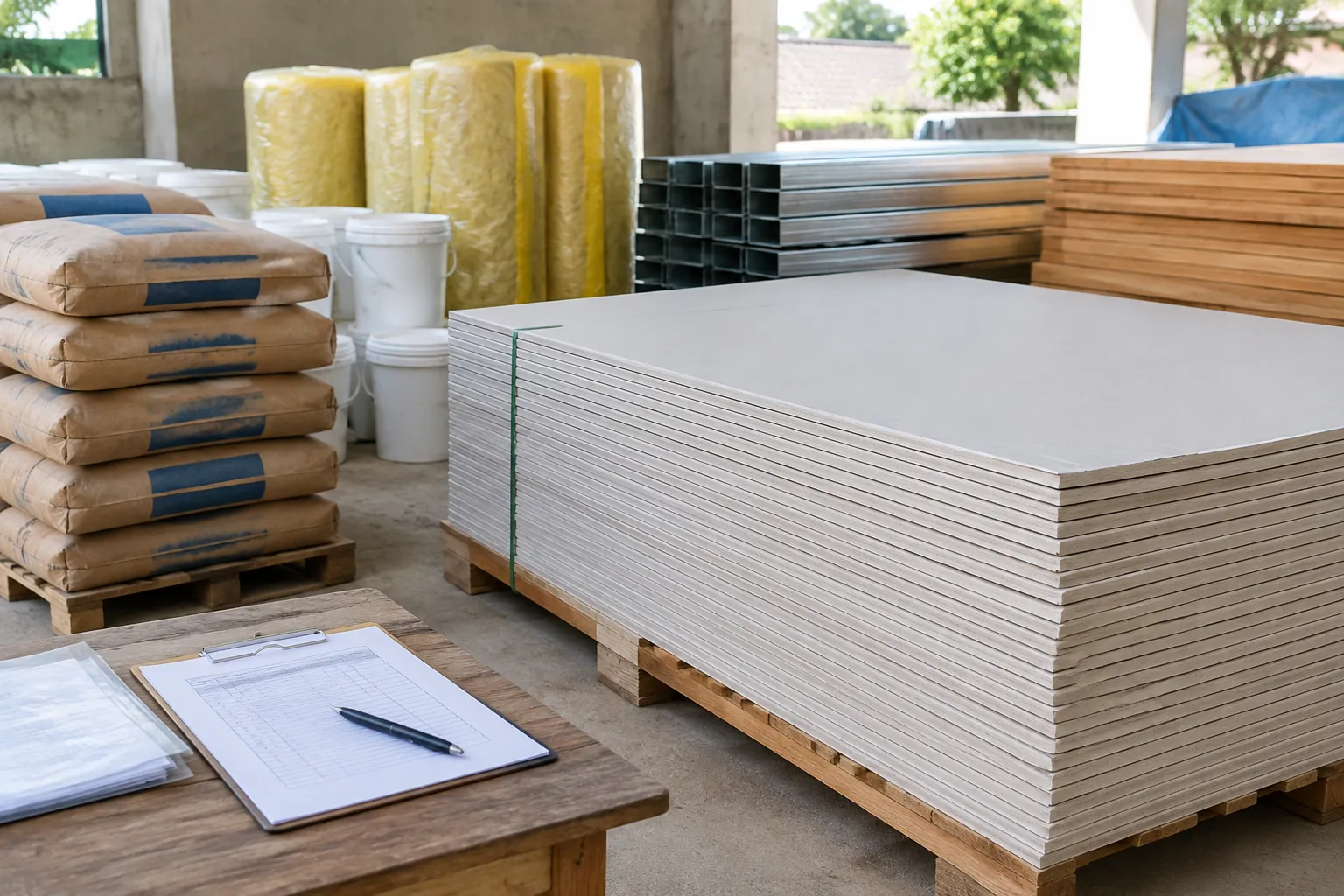 Tumpukan papan dan bahan dinding di ruang konstruksi