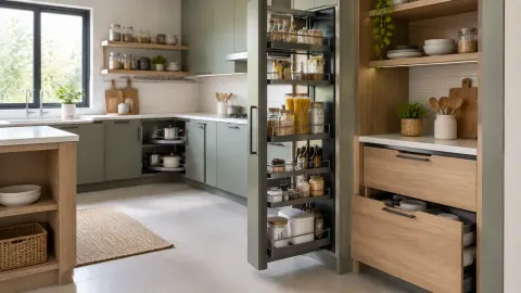 Dapur dengan lemari tinggi, rak terbuka, dan laci penyimpanan