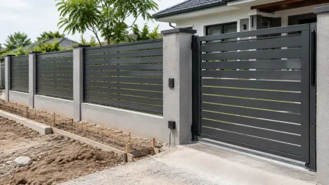 Pagar logam dan gerbang di halaman depan rumah