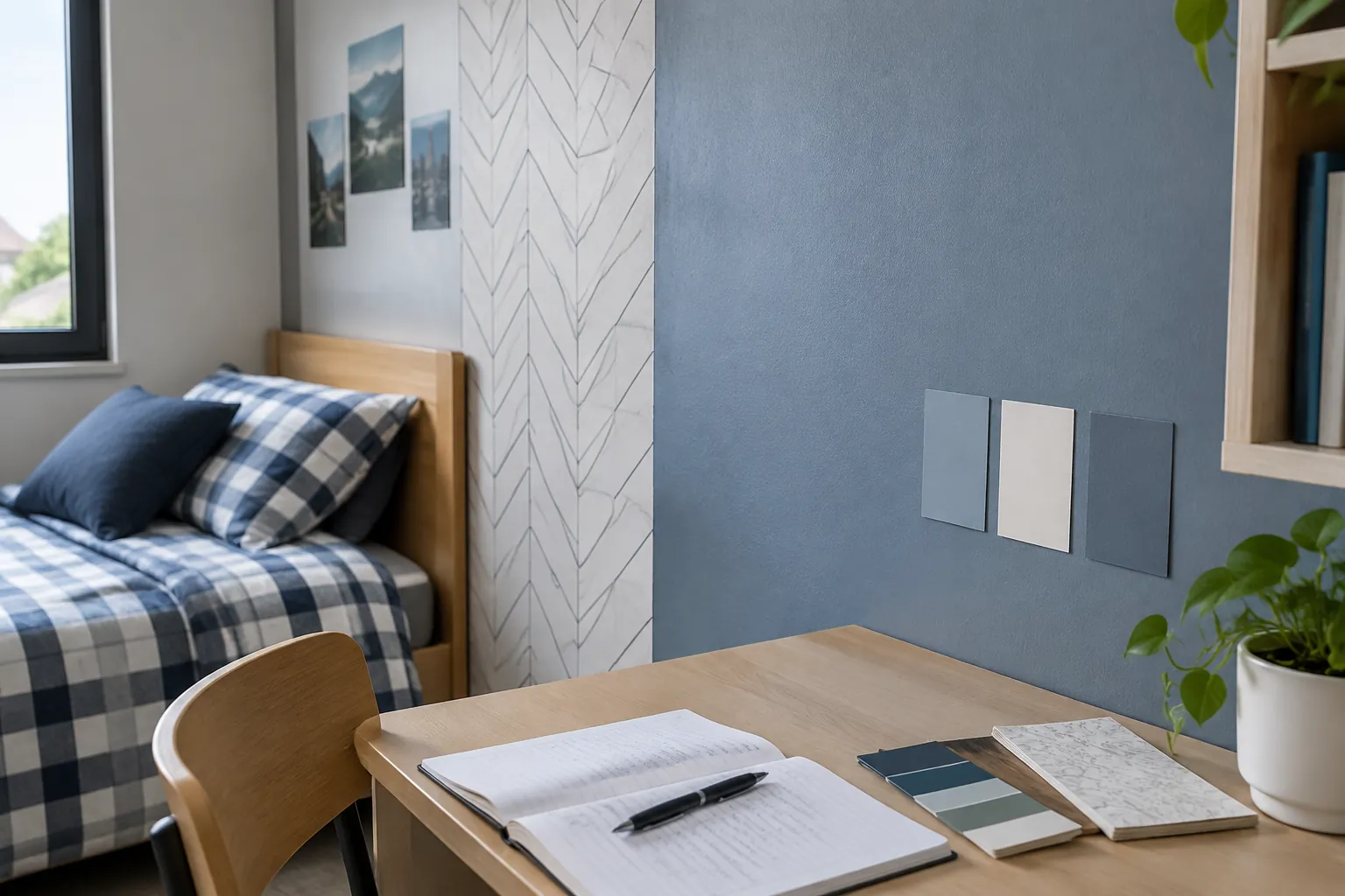 Dinding kamar remaja dengan wallpaper dan sampel finishing