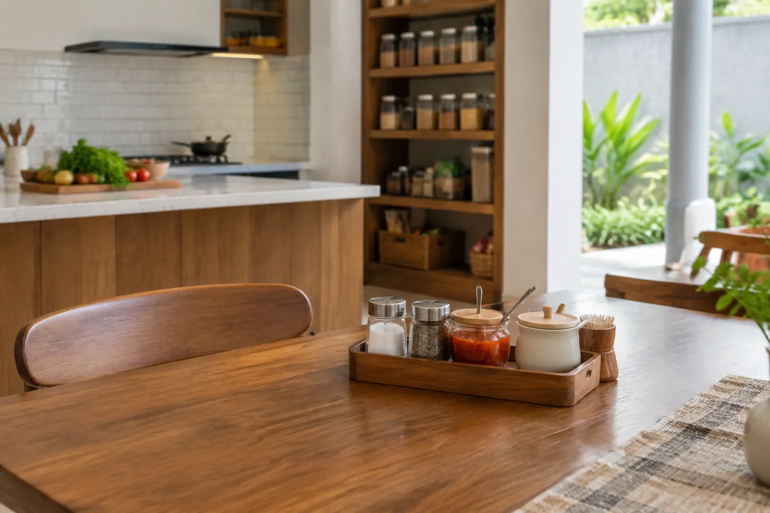 Bumbu dapur dalam baki kecil di meja makan