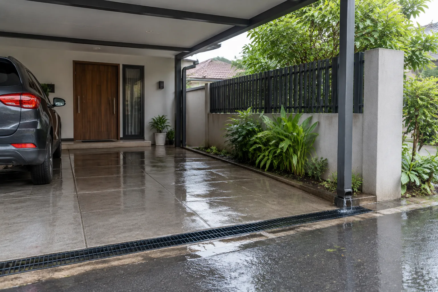 Saluran memanjang di tepi lantai carport