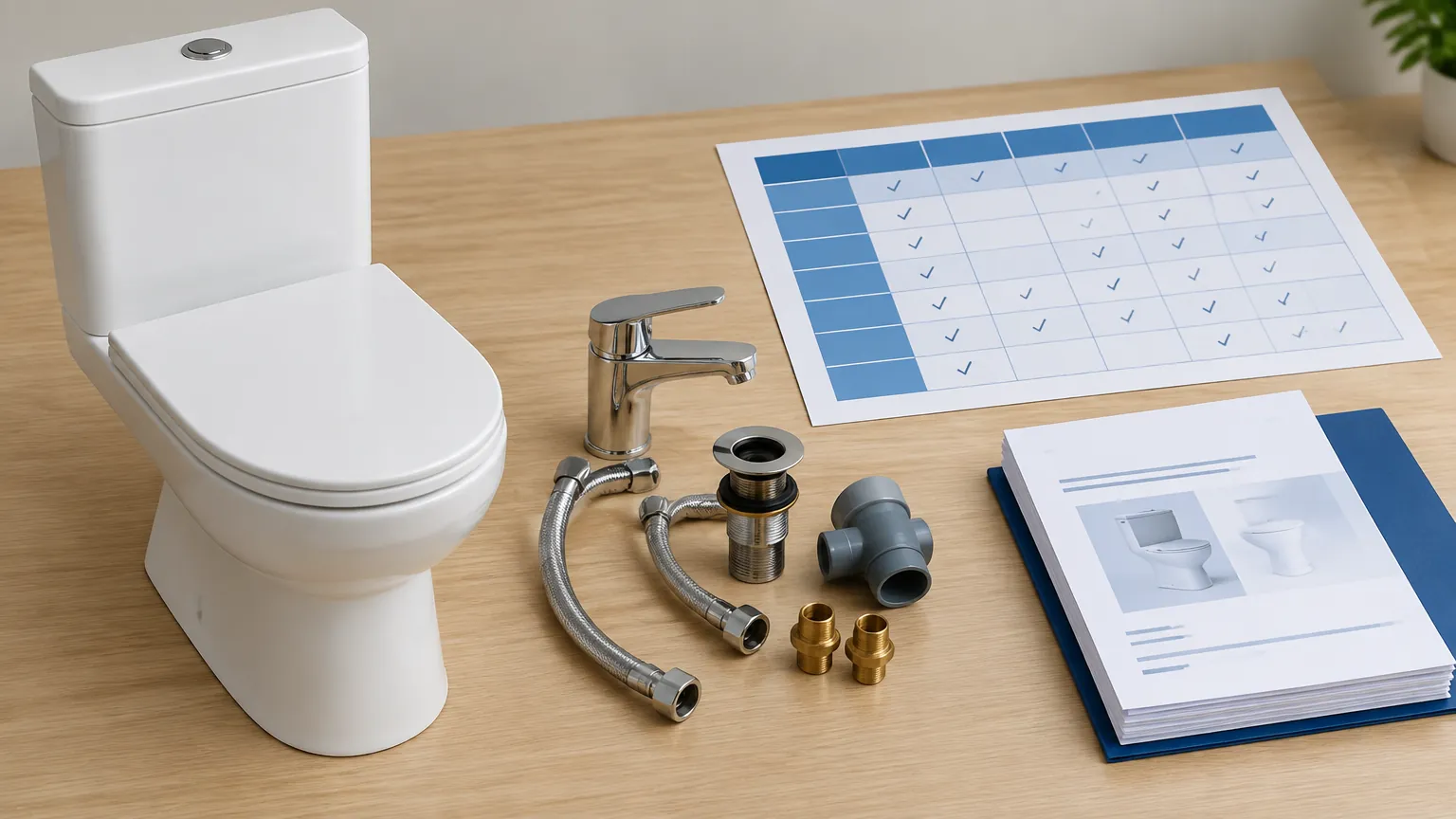 Perlengkapan plumbing dan berkas pemeriksaan di meja