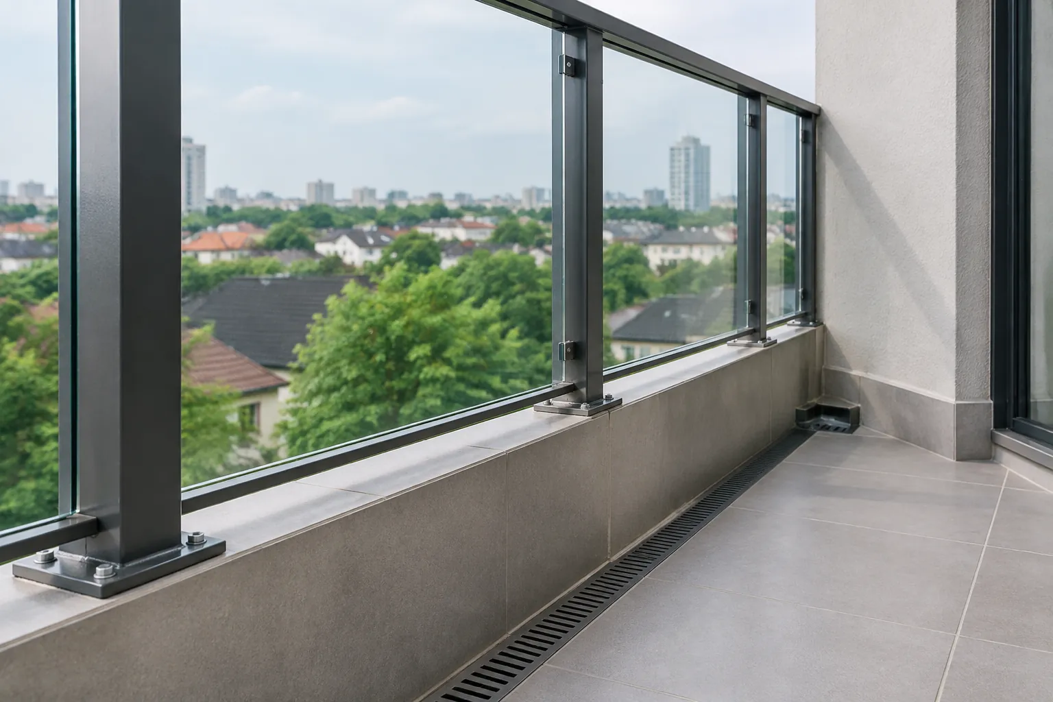 Saluran tepi dan pagar kaca terlihat di balkon rumah