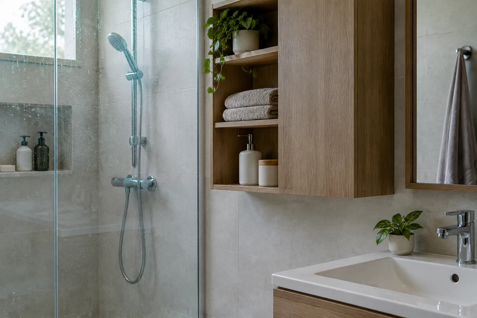 Perlengkapan shower dan rak kamar mandi di dekat wastafel