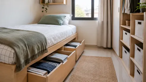 Tempat tidur kayu dengan laci penyimpanan di bawahnya