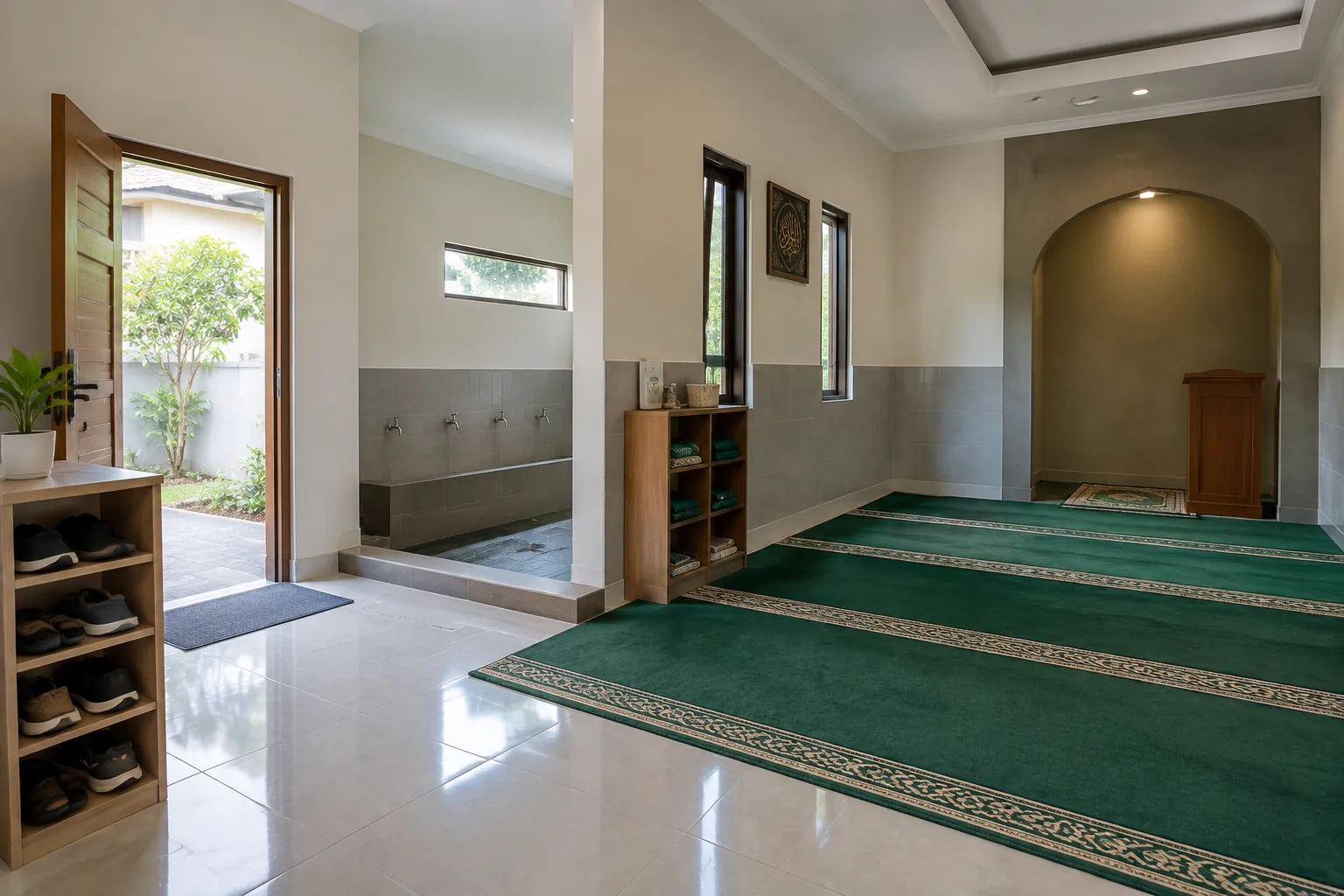 Area wudu dan rak sepatu terhubung dengan ruang salat utama