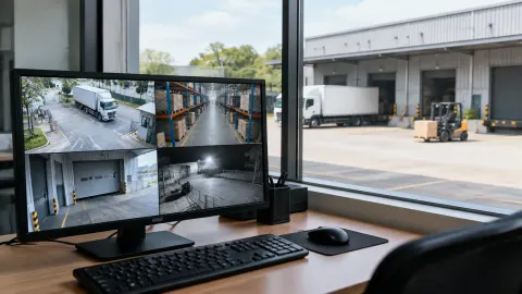 Monitor menampilkan beberapa tampilan kamera area gudang