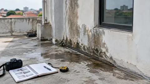 Dinding luar bangunan lama bernoda air di dekat teras