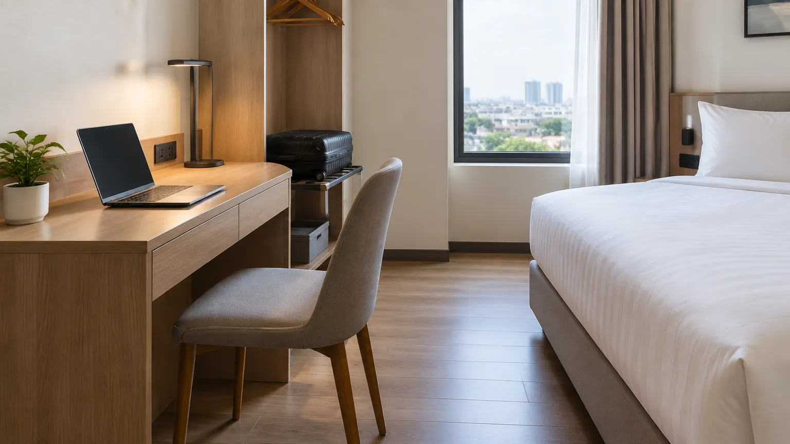 Meja kerja kecil dengan kursi di samping tempat tidur hotel