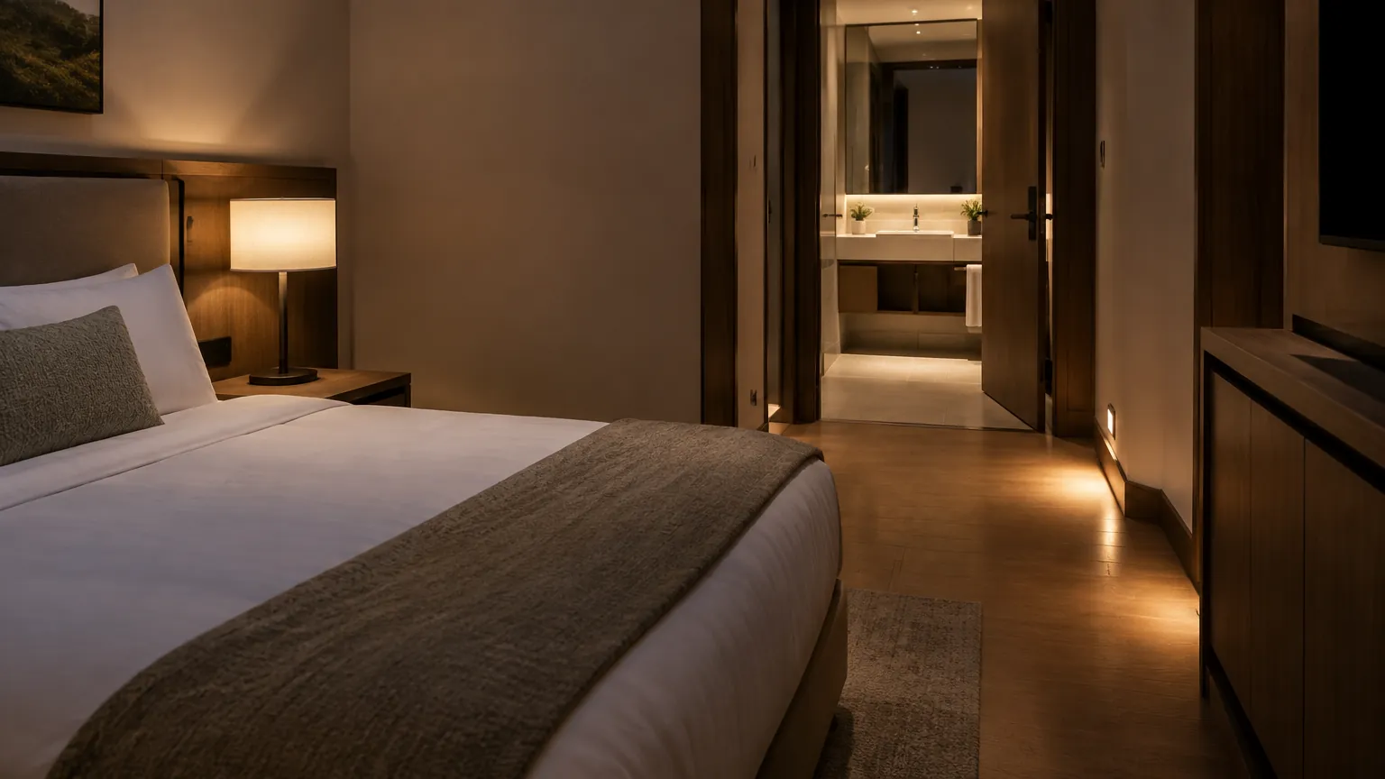 Kamar penginapan dengan lampu jalur menuju kamar mandi