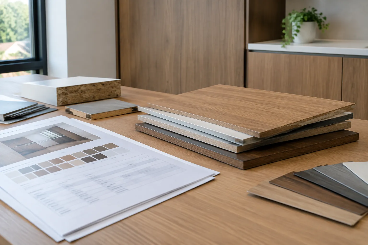Sampel papan kayu olahan dan contoh desain pelapis