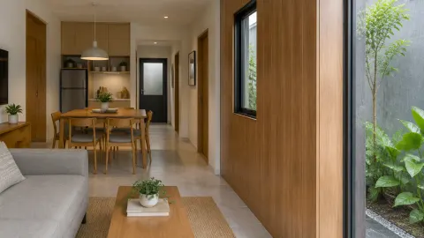 Ruang rumah kecil dengan dinding berlapis kayu