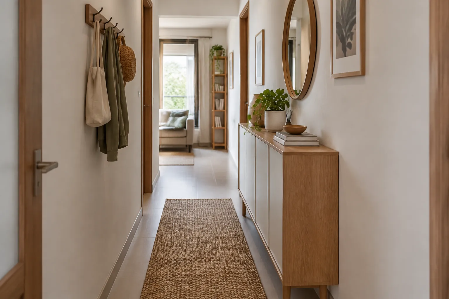 Lorong dengan meja konsol, karpet, dan warna dinding lembut