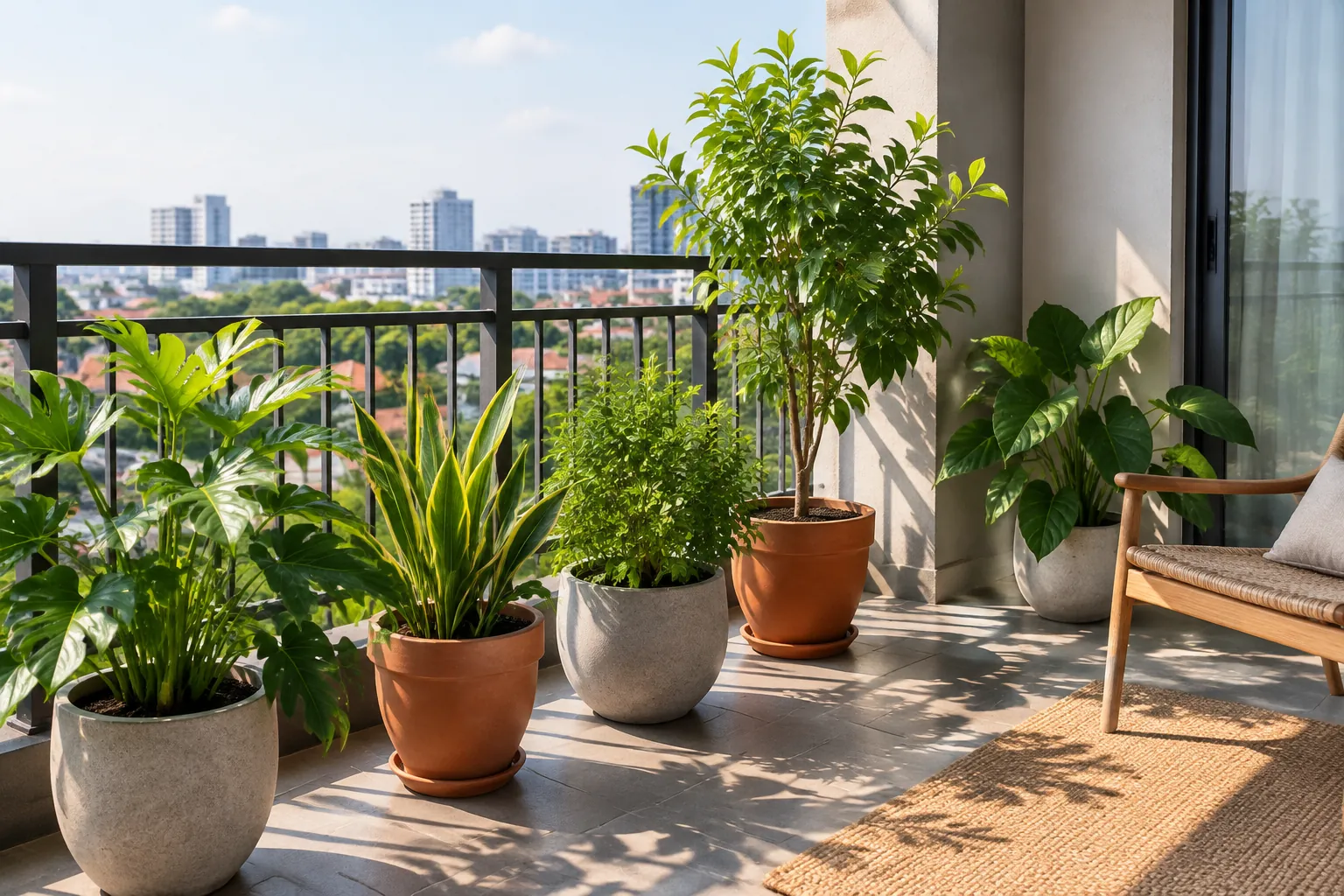 Tanaman dalam pot terkena cahaya di balkon