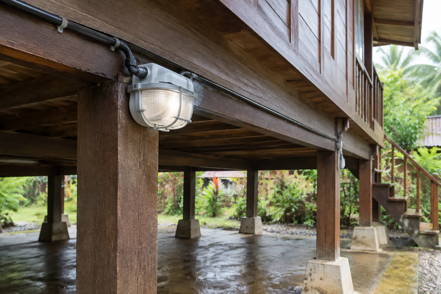 Lampu dinding terlindung pada balok kayu bawah rumah panggung