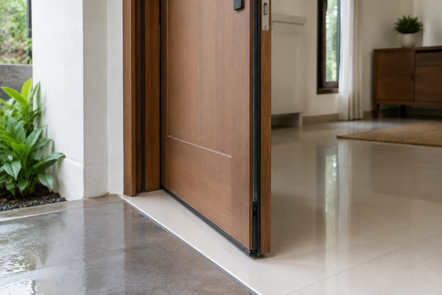 Pintu kayu terbuka di ambang antara teras dan ruang