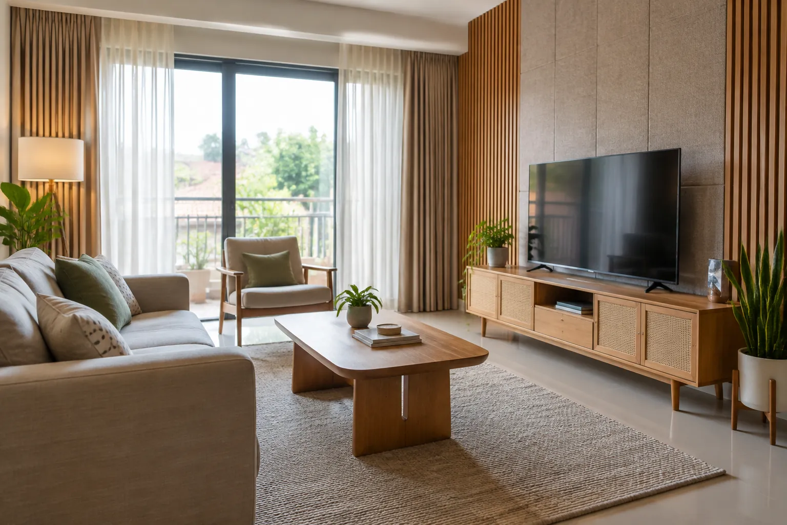 Ruang tamu dengan furnitur dan dinding interior.