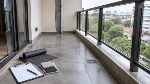 Balkon rumah dengan saluran air dan rencana material