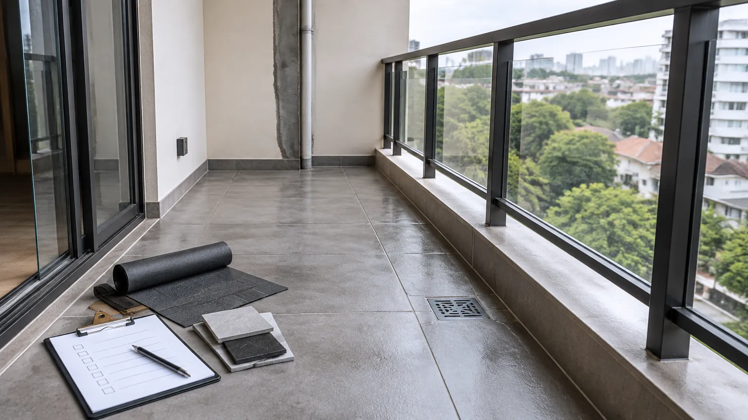 Balkon rumah dengan saluran air dan rencana material