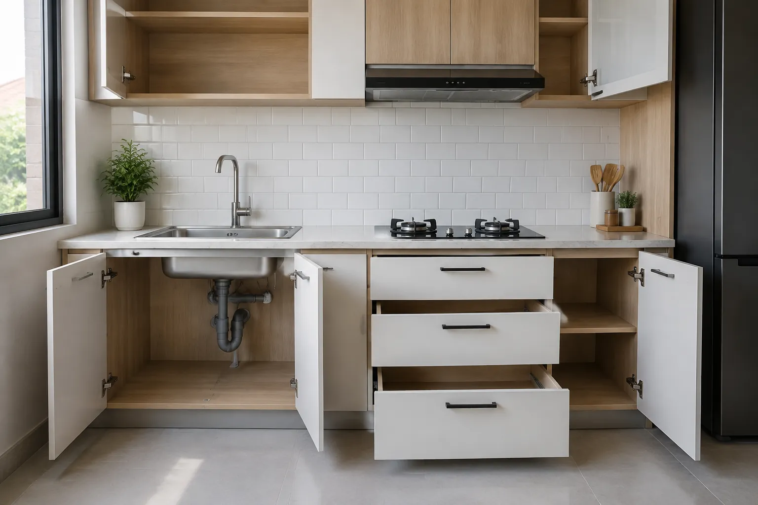 Kabinet bawah kitchen set terbuka untuk pemeriksaan