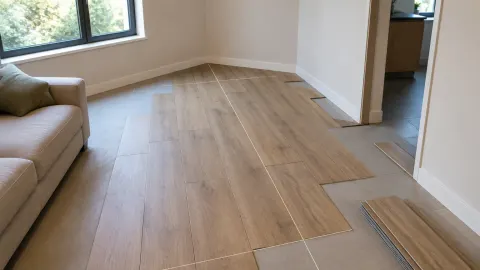Papan lantai dipasang mengikuti bentuk ruang