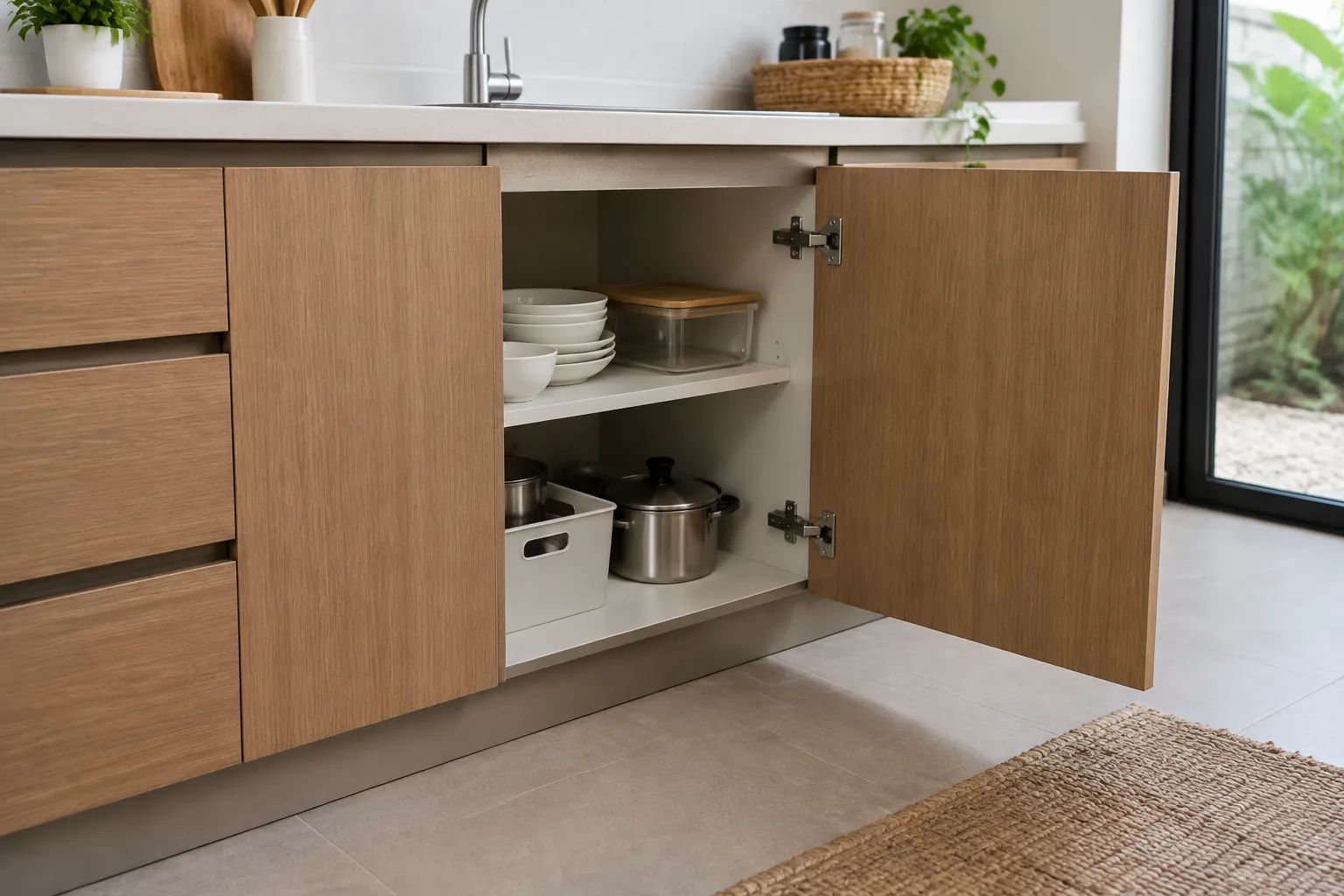 Bagian dalam kabinet kayu di bawah meja dapur