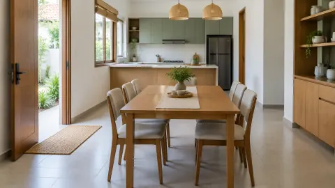 Ruang makan dengan meja panjang dekat dapur