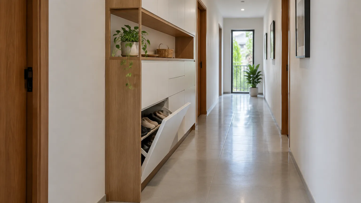 Kabinet penyimpanan rendah di sisi lorong rumah