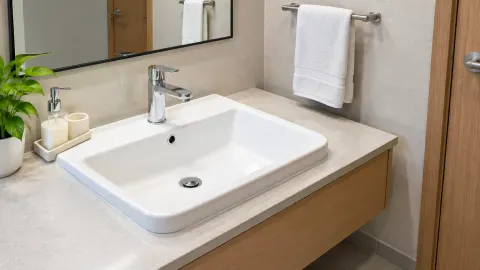 Wastafel putih di atas kabinet kayu pada kamar mandi tamu