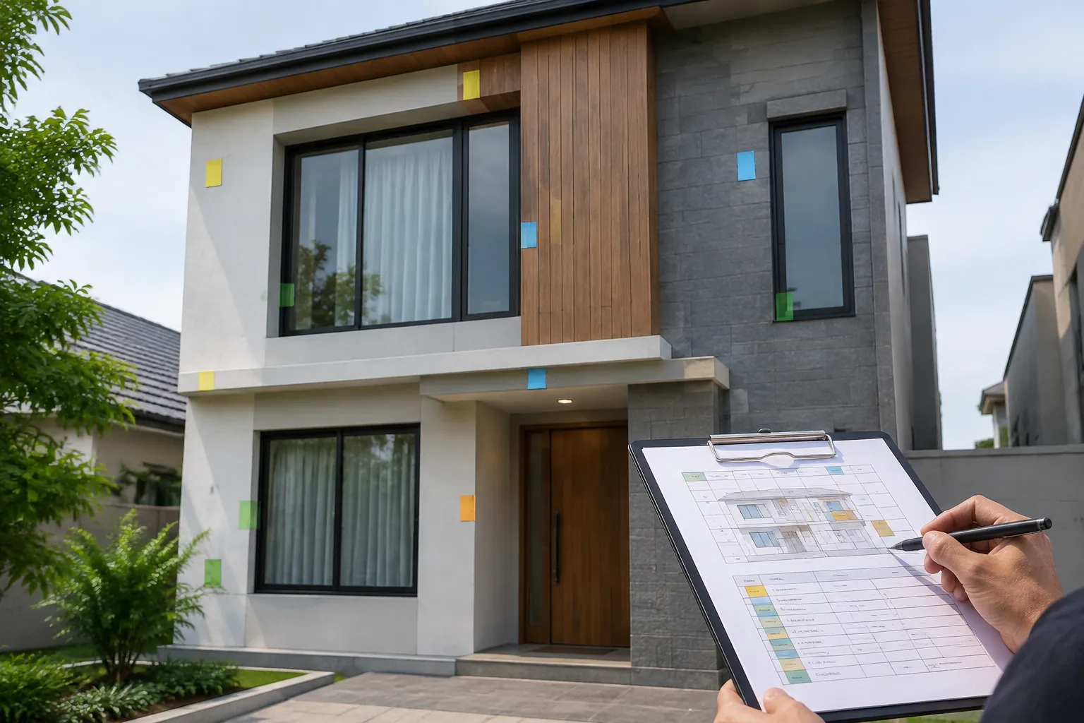 Fasad rumah dua lantai dengan lembar pemeriksaan di depannya
