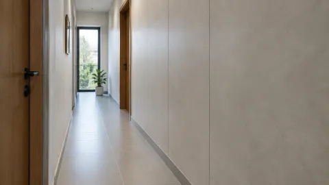 Lorong sempit dengan dinding terang dan pintu kayu