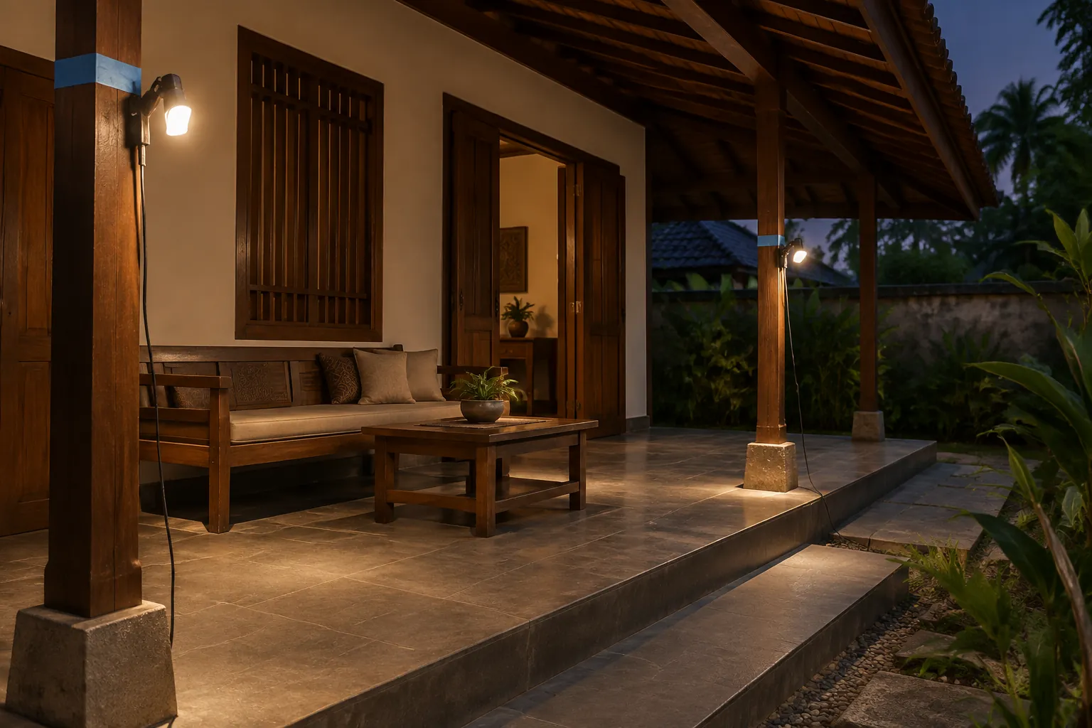 Teras kayu bergaya tradisional pada senja hari dengan lampu dinding