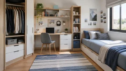 Kamar remaja dengan meja, tempat tidur, dan lemari terbuka