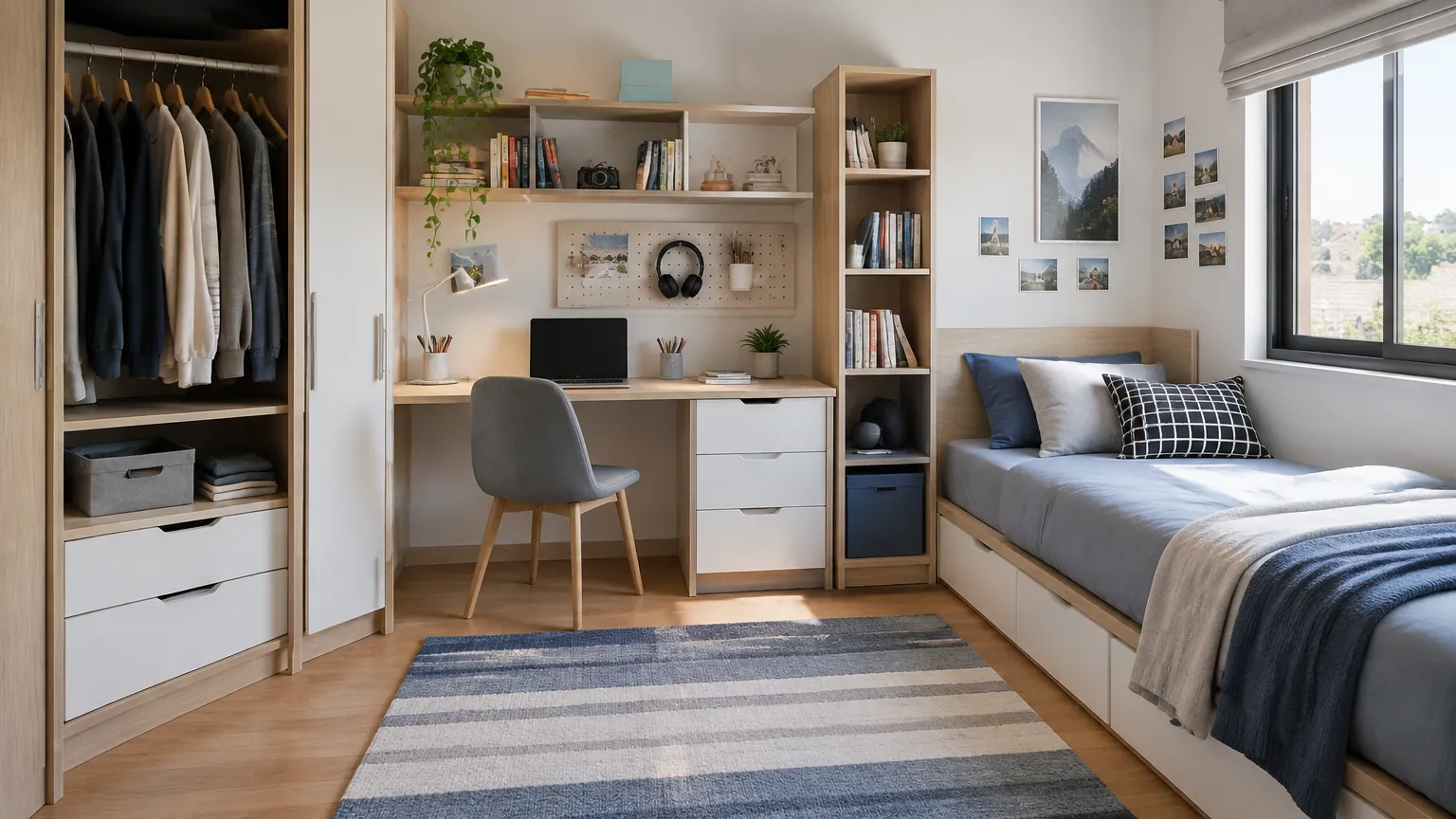 Kamar remaja dengan meja, tempat tidur, dan lemari terbuka