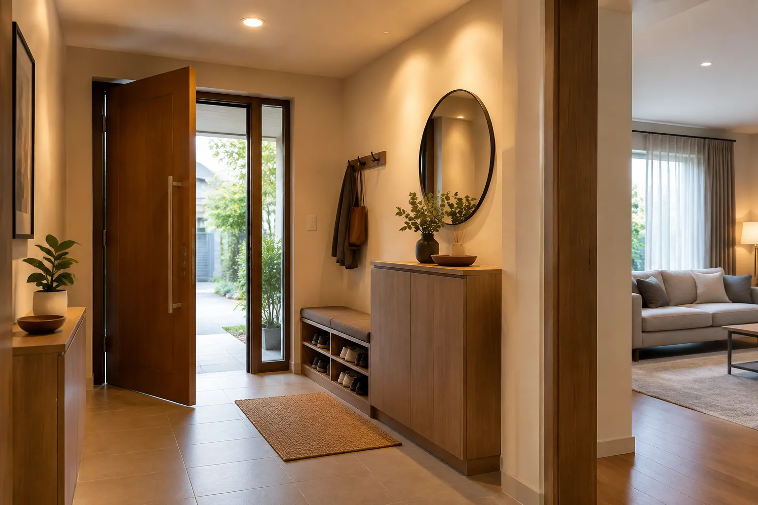 Foyer dengan cahaya hangat dari beberapa lampu
