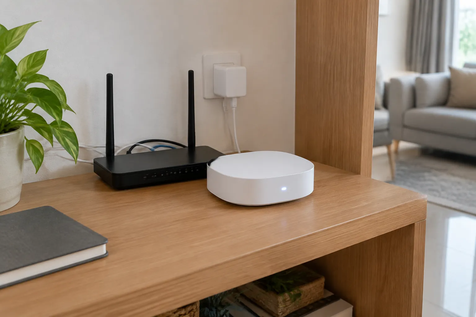 Router dan hub pintar diletakkan di atas meja dekat area duduk
