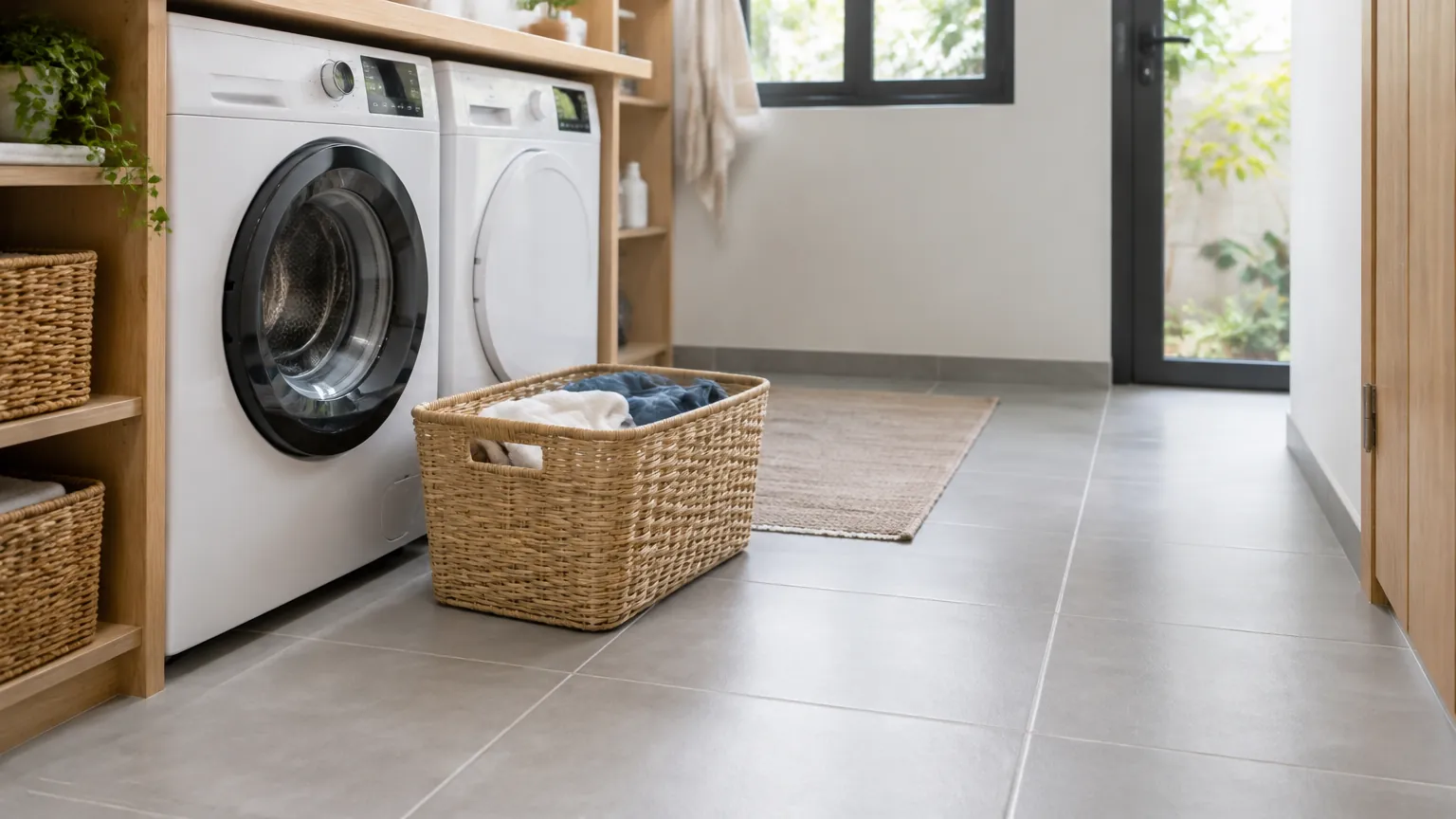 Ruang laundry dengan mesin cuci dan lantai ubin