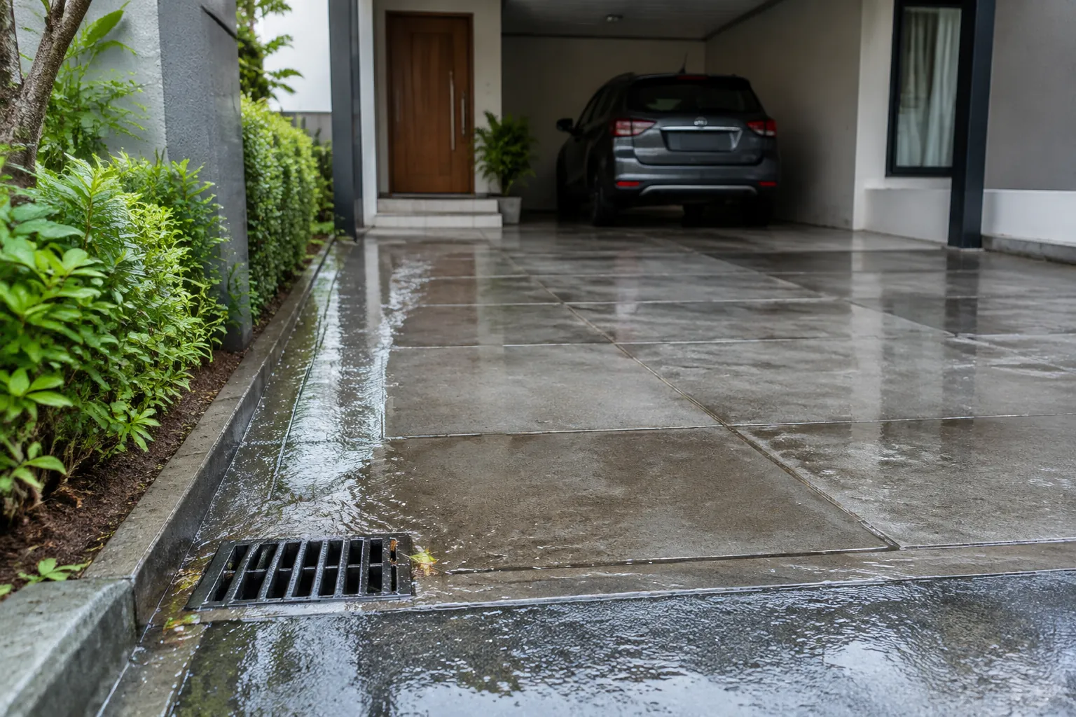 Air menggenang menuju drain pada tepi carport