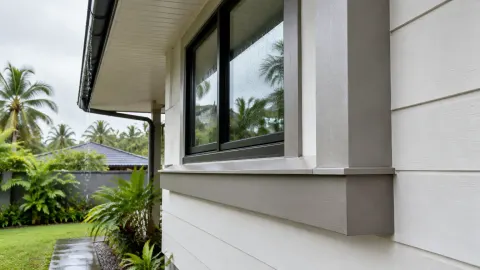 Trim putih mengelilingi jendela rumah tropis