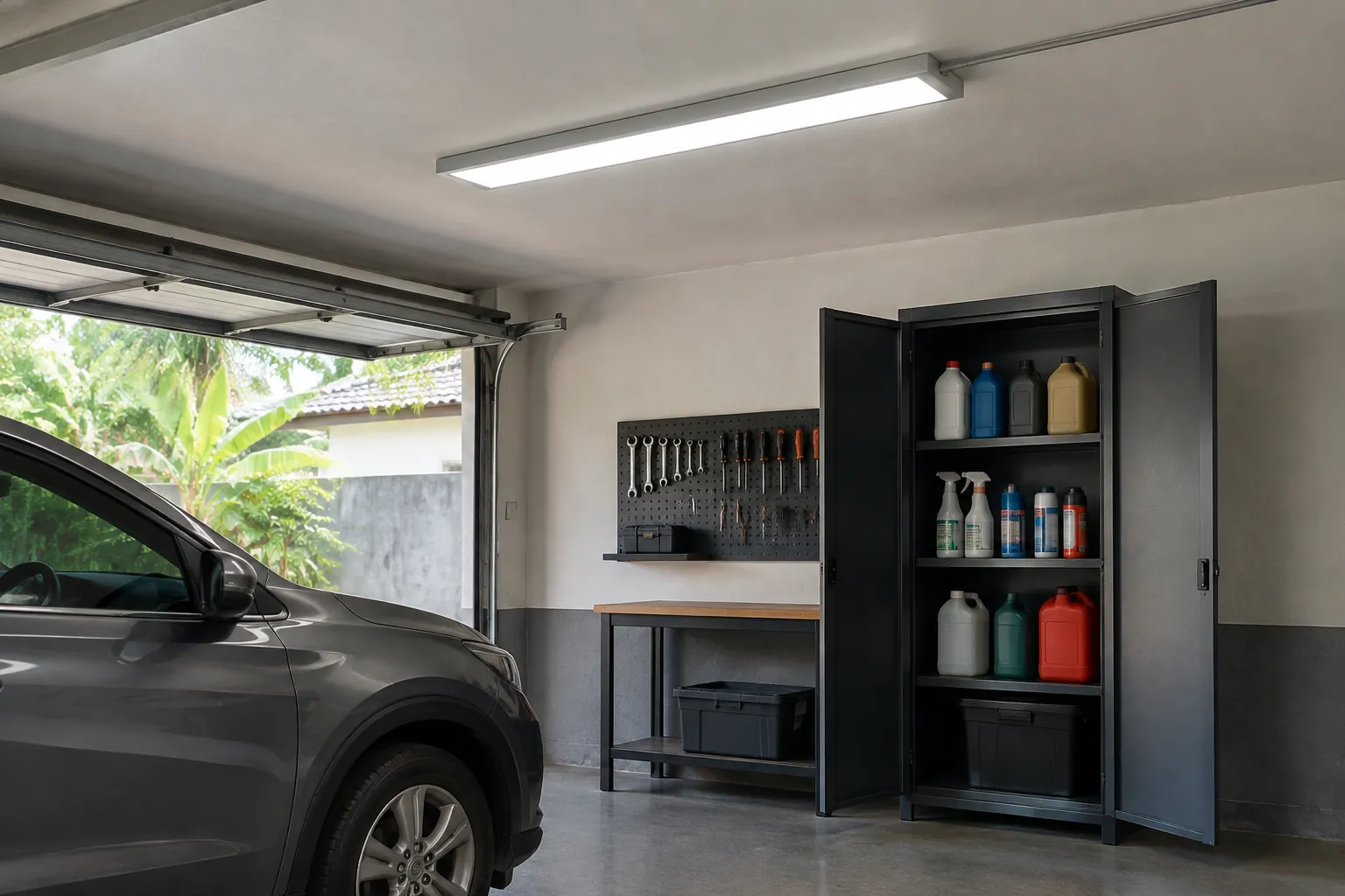 Garasi dengan mobil, lampu plafon, dan lemari penyimpanan di dinding
