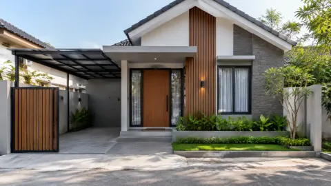 Fasad rumah dengan pintu masuk, jendela, dan aksen kayu