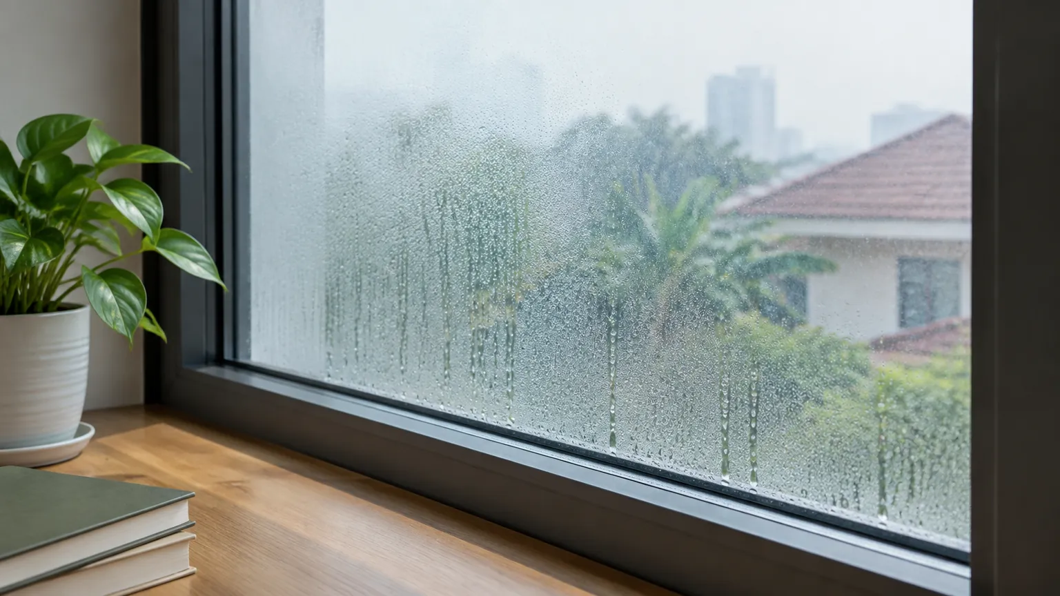 Embun pada kaca jendela rumah