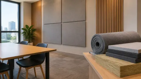 Contoh panel abu-abu dan gulungan bahan di ruang rapat