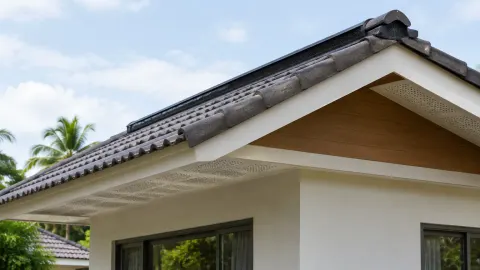 Tepi atap genteng dengan bukaan ventilasi di bawah lisplang
