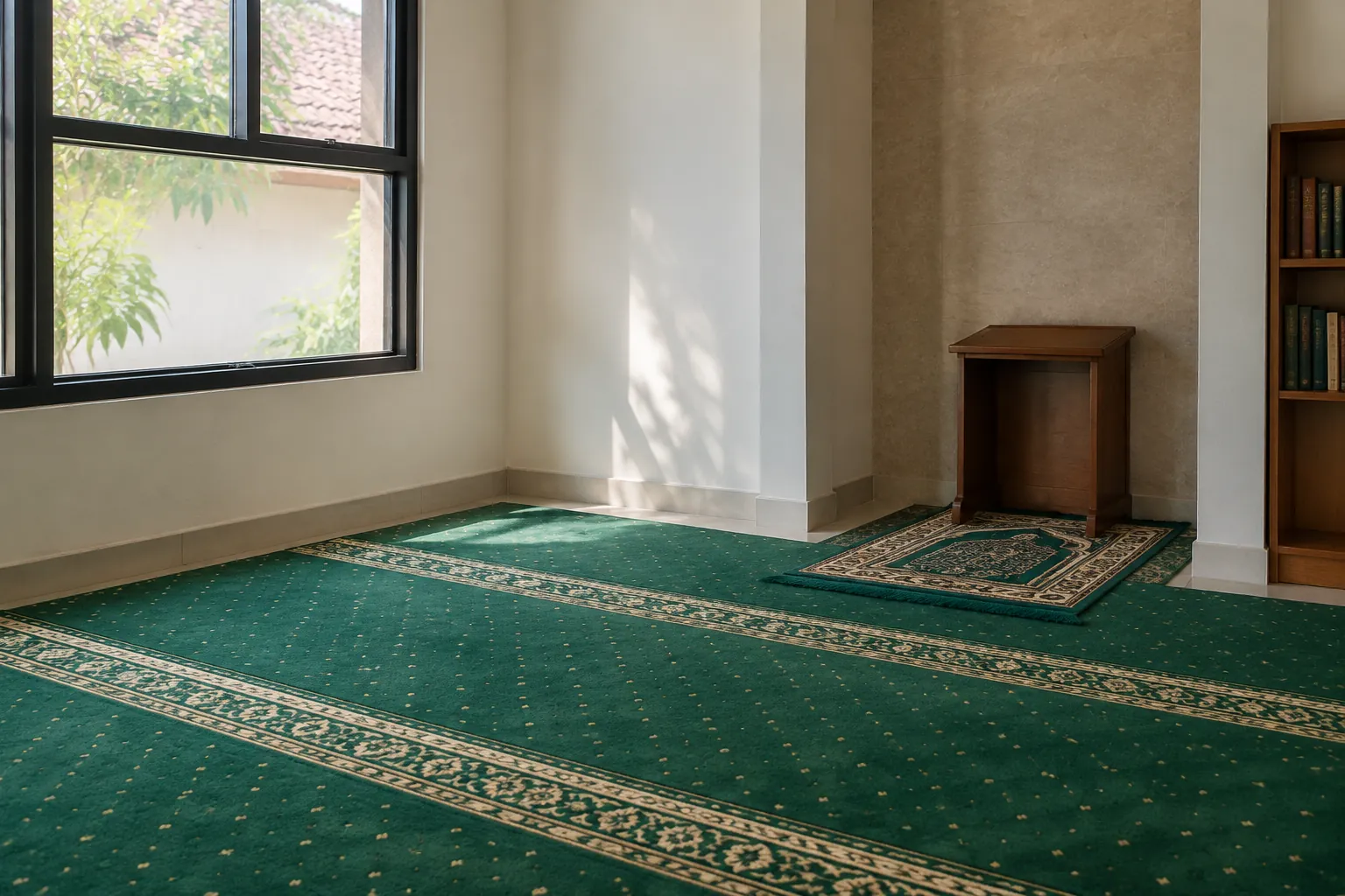 Sudut musala dekat jendela dengan karpet salat
