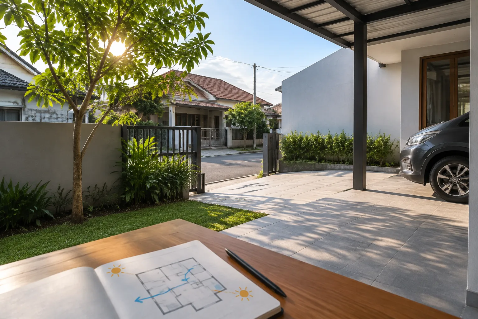 Gambar tapak di depan halaman rumah dengan pohon