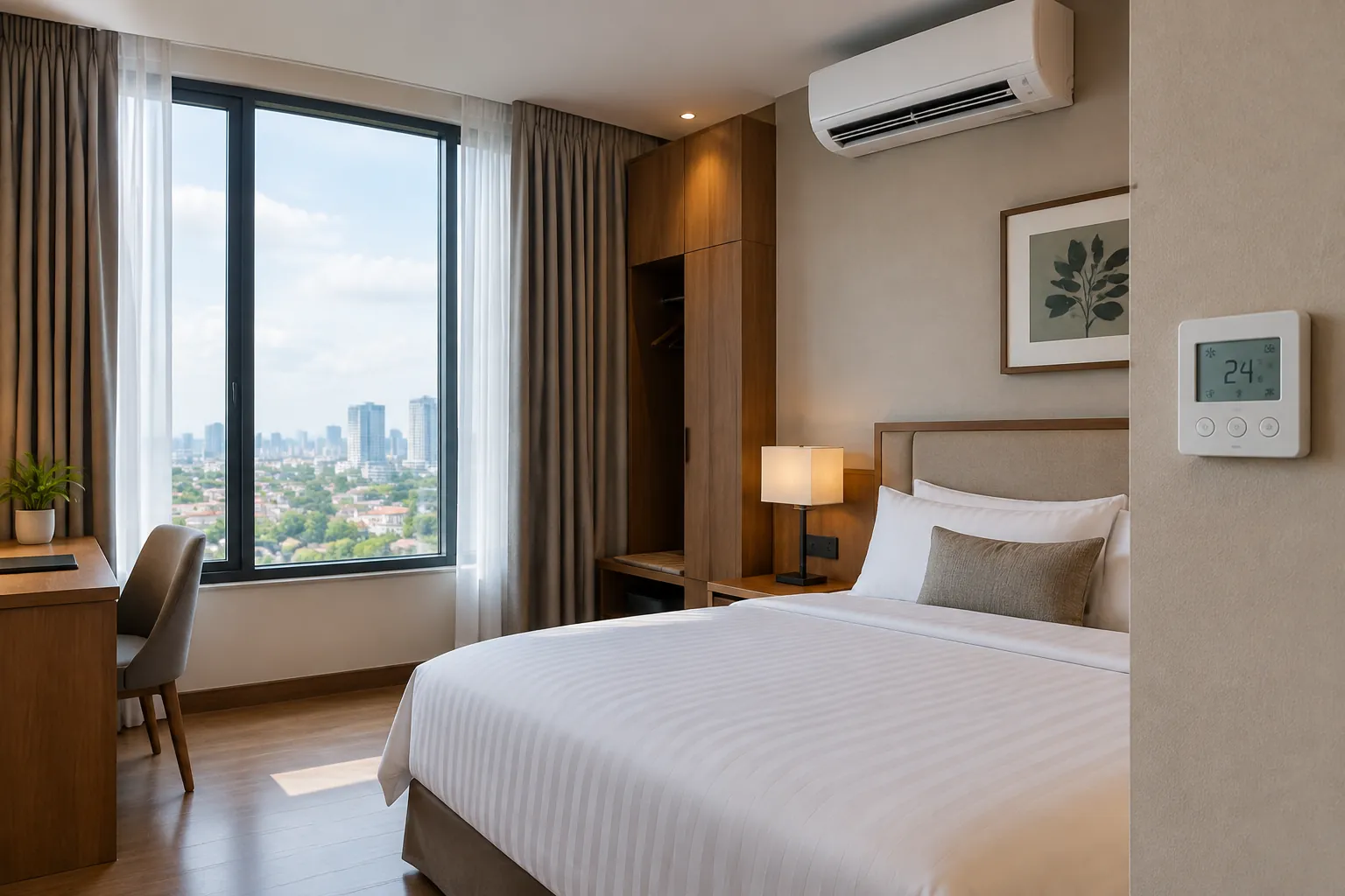 Kamar hotel dengan pendingin udara dan jendela besar