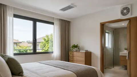 Kamar tidur dengan jendela dan kisi penghawaan